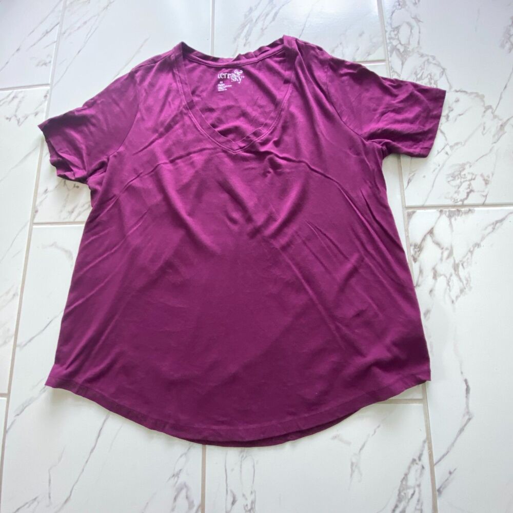 Terra & Sky Women 0X 14W Purple Short Sleeve V Neck T Shirt